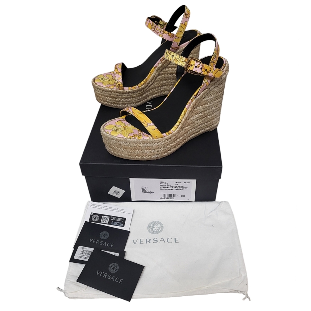 Versace Pink Barocco Floral Espadrille Wedge Sandals